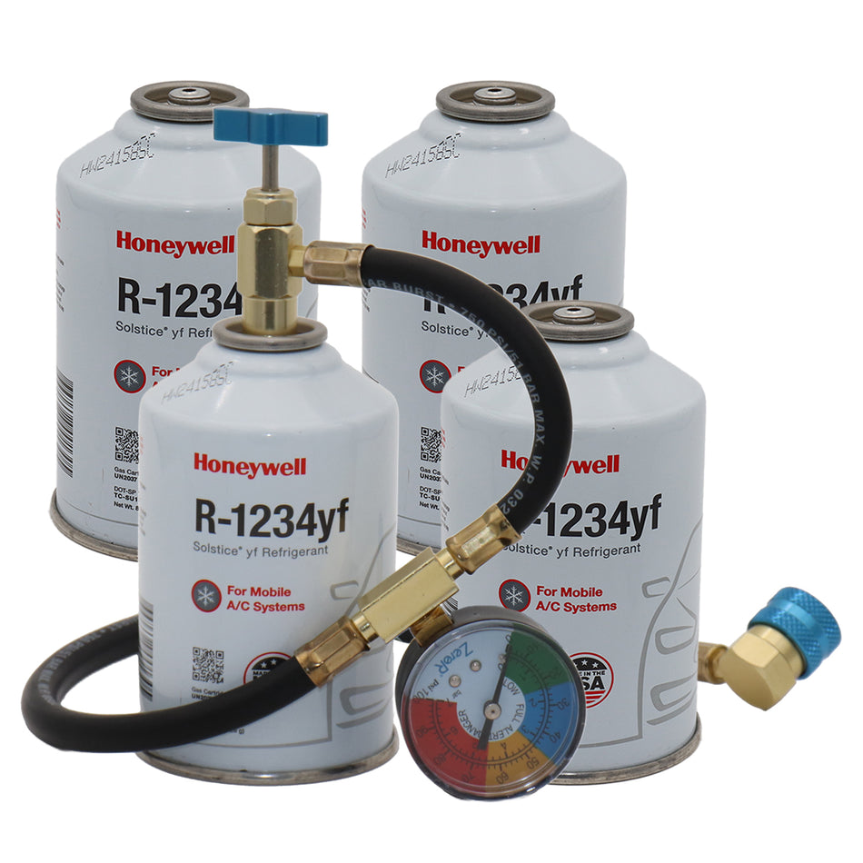 ZeroR® R1234YF Top Off Kit #4 | Genuine 8oz R1234YF Refrigerant (4 Cans) & HD Brass Can Tap with Gauge image 0