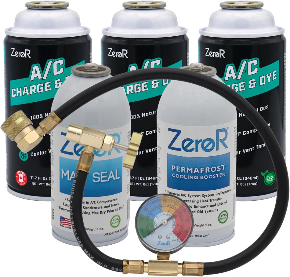ZeroR® Premium Repair & Recharge Kit for R134a Refrigerants | 24" HD Can Tap Gauge