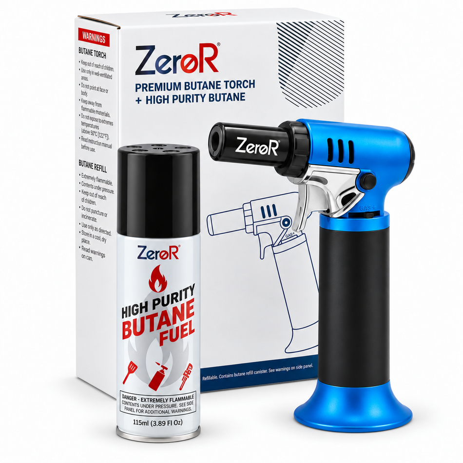 ZeroR Butane Torch with Flame Adjustment and Fuel Window, Includes 1 Butane Refill Can (115 ml)
