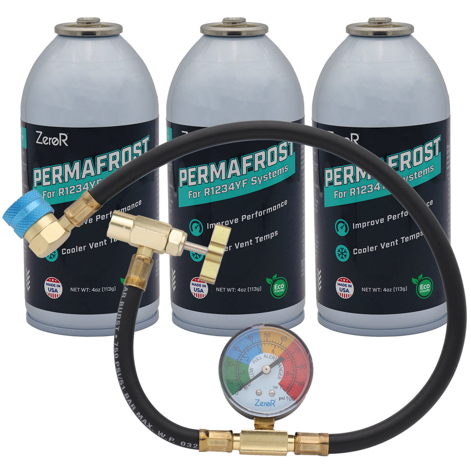 ZeroR® Performance Boost Kit for R1234YF MVAC Systems | 24" Charging Hose with Gauge | 3 Cans