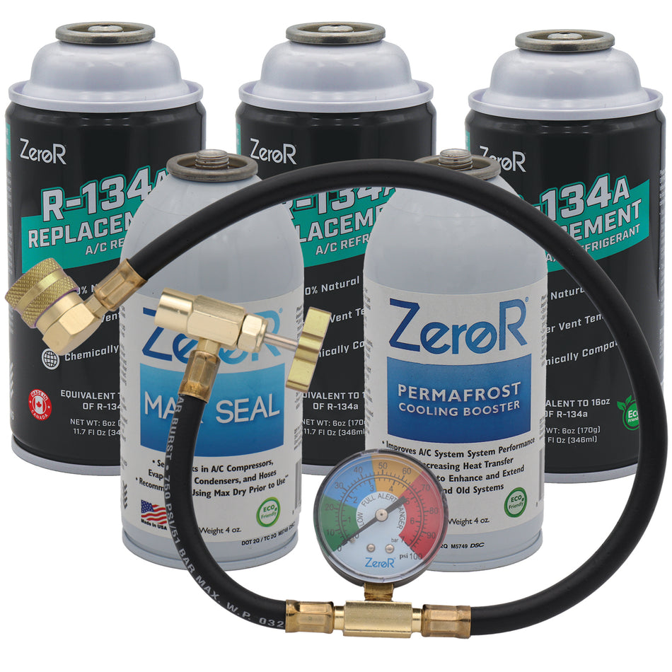 ZeroR® Premium Repair & Recharge Kit for R134a Refrigerants | 24" HD Can Tap Gauge