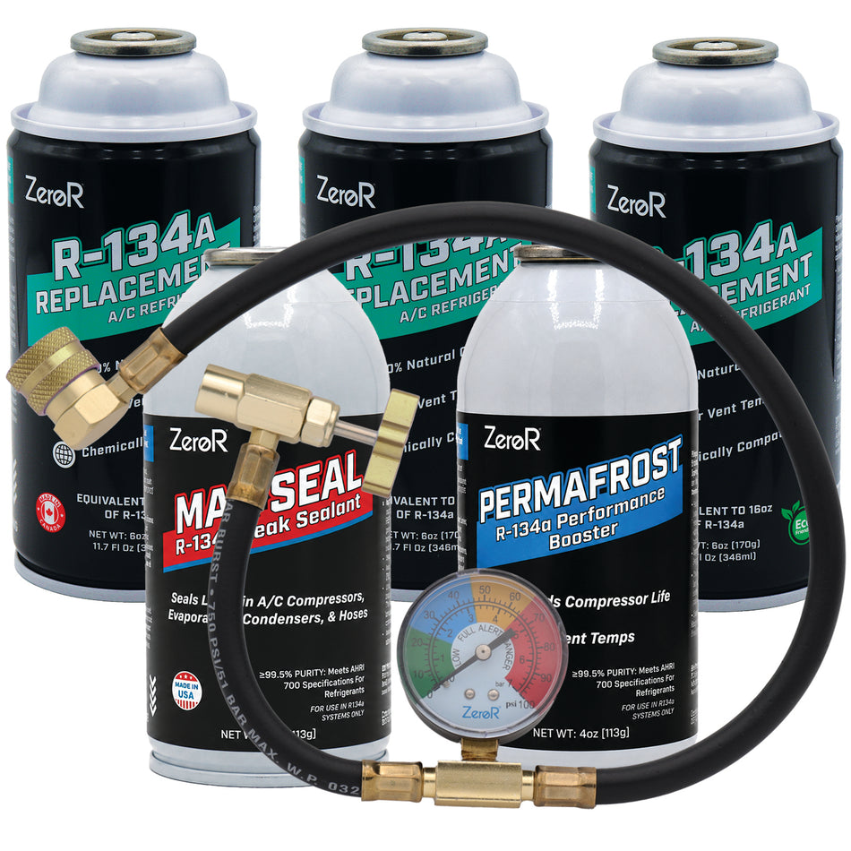 ZeroR® Premium Repair & Recharge Kit for R134a Refrigerants | 24" HD Can Tap Gauge