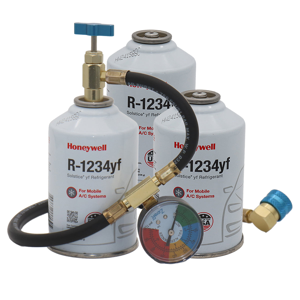 ZeroR® R1234YF Top Off Kit | Genuine 8oz R1234YF Refrigerant (3 Cans) & 24" HD Brass Can Tap image 0