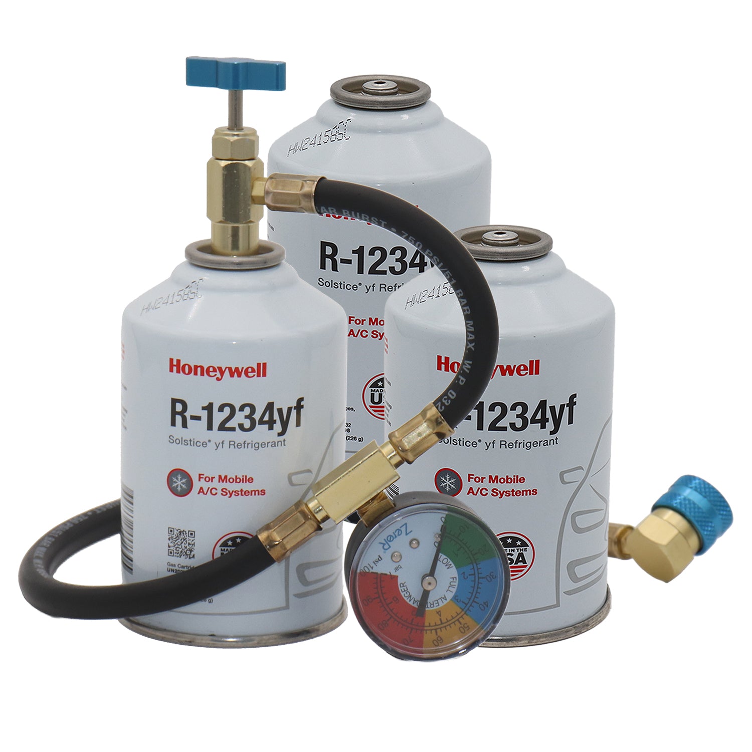 ZeroR® R1234YF Top Off Kit | Genuine 8oz R1234YF Refrigerant (3 Cans) & 24" HD Brass Can Tap image 0